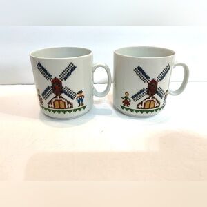 Vintage Kronester coffee/tea cup Set of 2 Windmill Crosstitch Lego Mugs Germany
